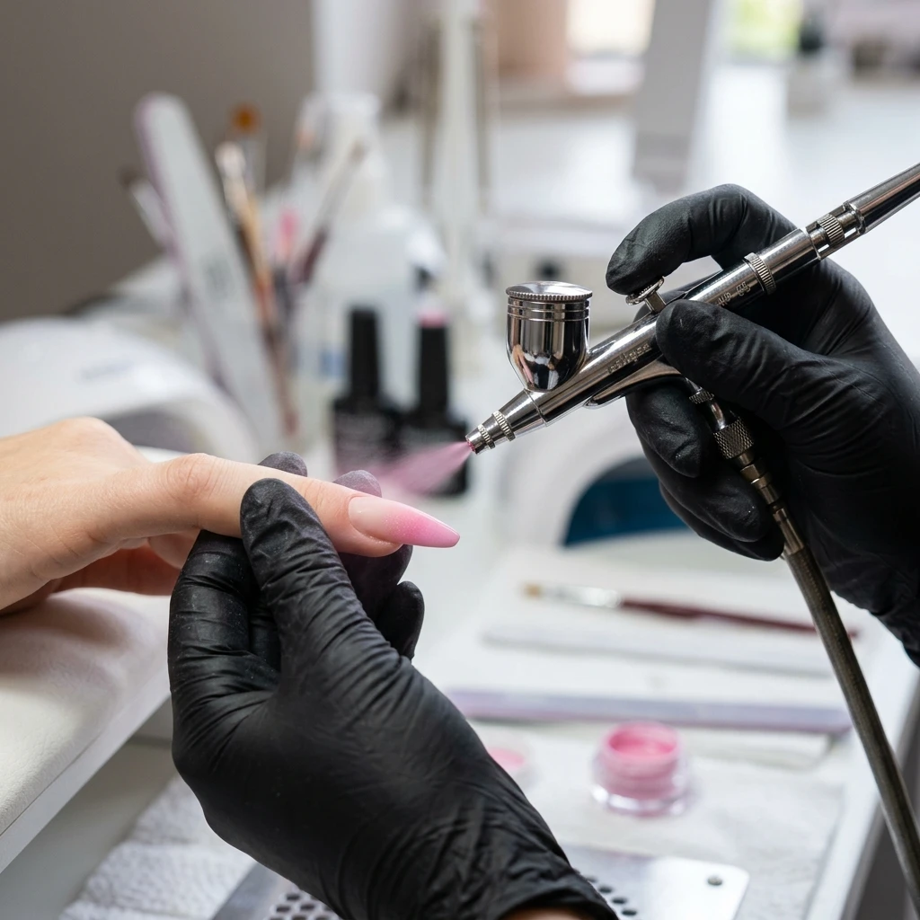 Close-up of a professional dual-action airbrush gun spraying a fine pink gradient onto an almond nail.